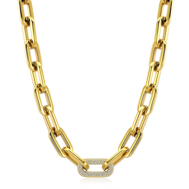 316L Stainless Steel Women Men Gold Silver Color Heavy Thick Big Links Chain Necklace with Bling Crystals Punk Necklace Jewelry