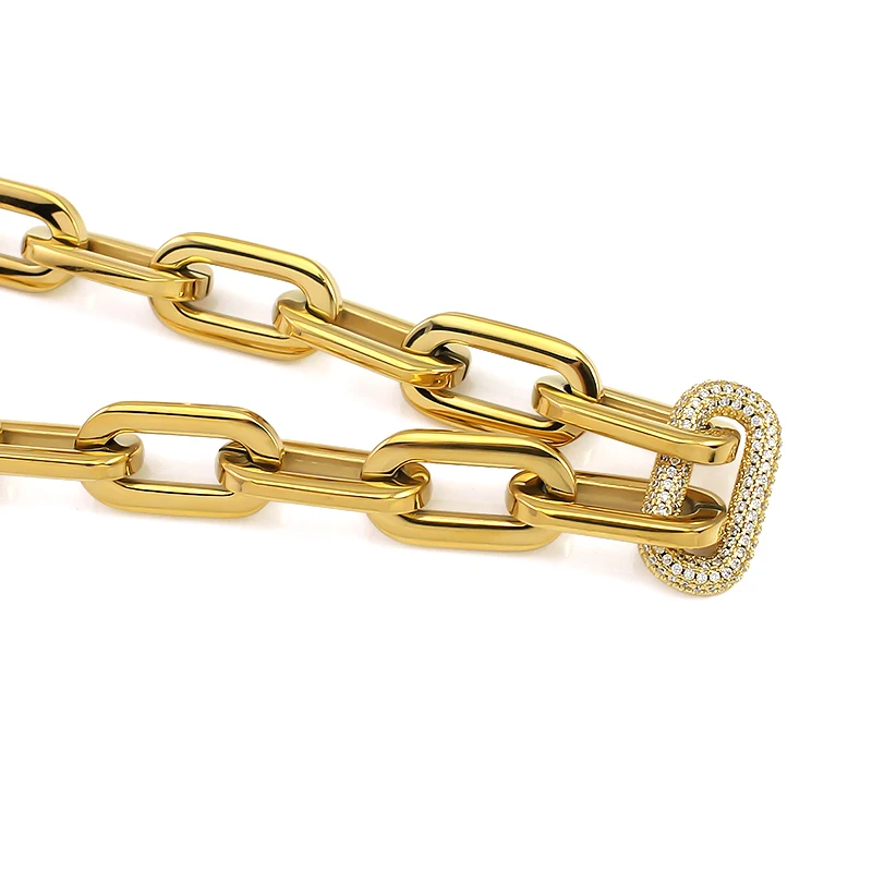 316L Stainless Steel Women Men Gold Silver Color Heavy Thick Big Links Chain Necklace with Bling Crystals Punk Necklace Jewelry