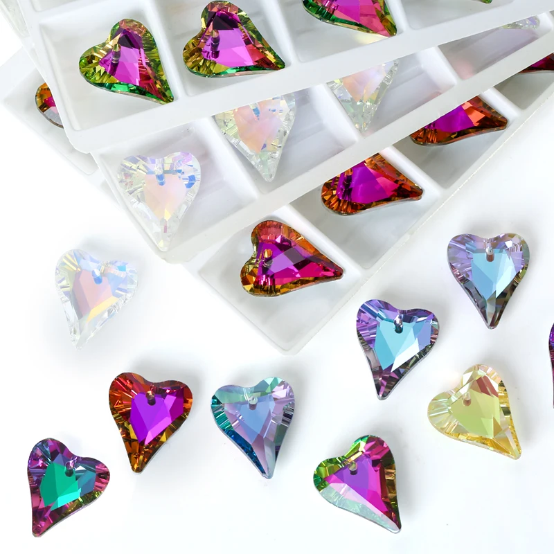 12/24PCS 17x14mm Crystal Heart Pendant Glass Beads for Jewelry Making DIY Earrings Necklace Loose Beads Plating Color Accessory