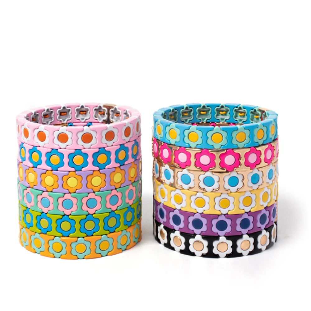 New Design Colorful Flower Charms Bangle For Women Handmade Bohemian Elastic Flower Bracelets Metal Beads Jewelry