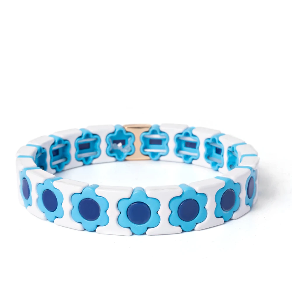 New Design Colorful Flower Charms Bangle For Women Handmade Bohemian Elastic Flower Bracelets Metal Beads Jewelry