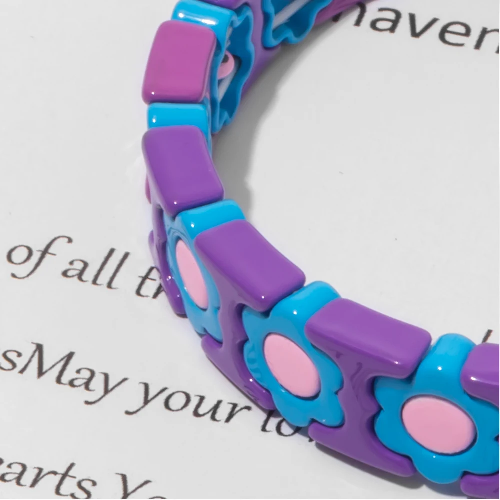 New Design Colorful Flower Charms Bangle For Women Handmade Bohemian Elastic Flower Bracelets Metal Beads Jewelry
