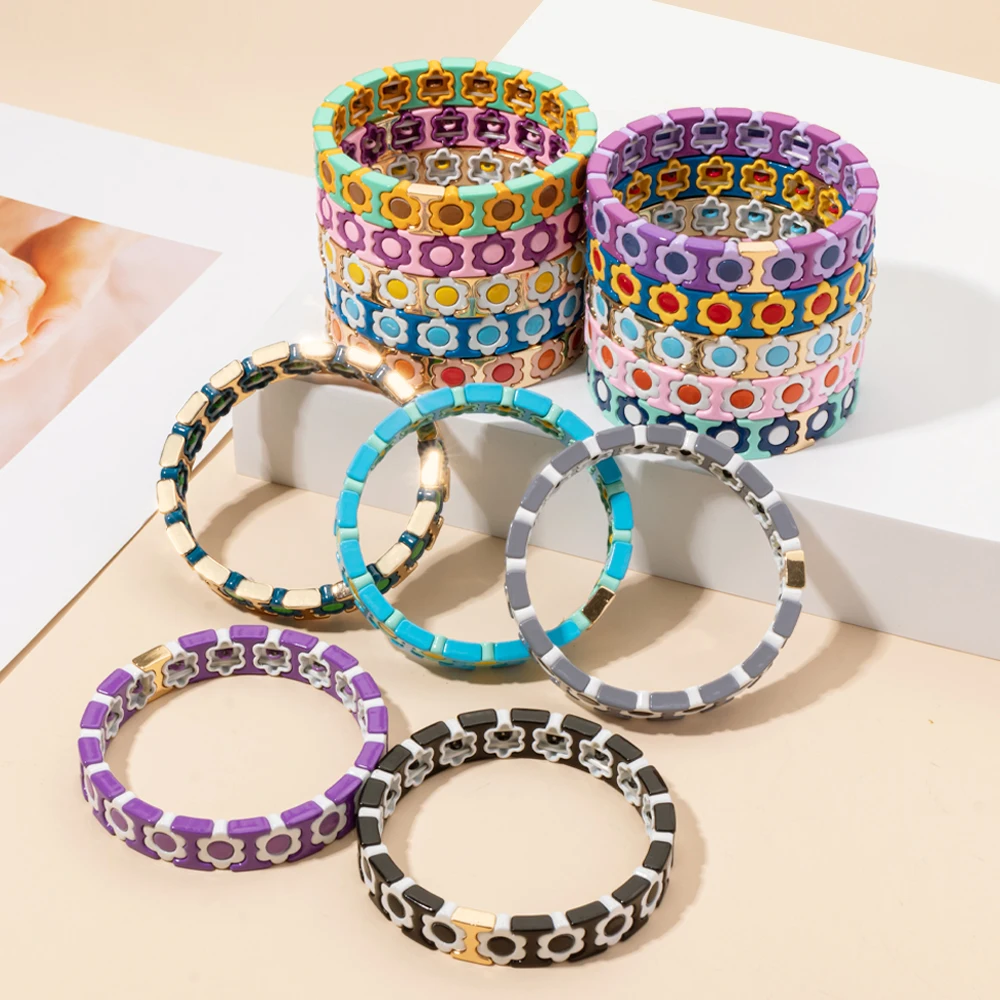 New Design Colorful Flower Charms Bangle For Women Handmade Bohemian Elastic Flower Bracelets Metal Beads Jewelry