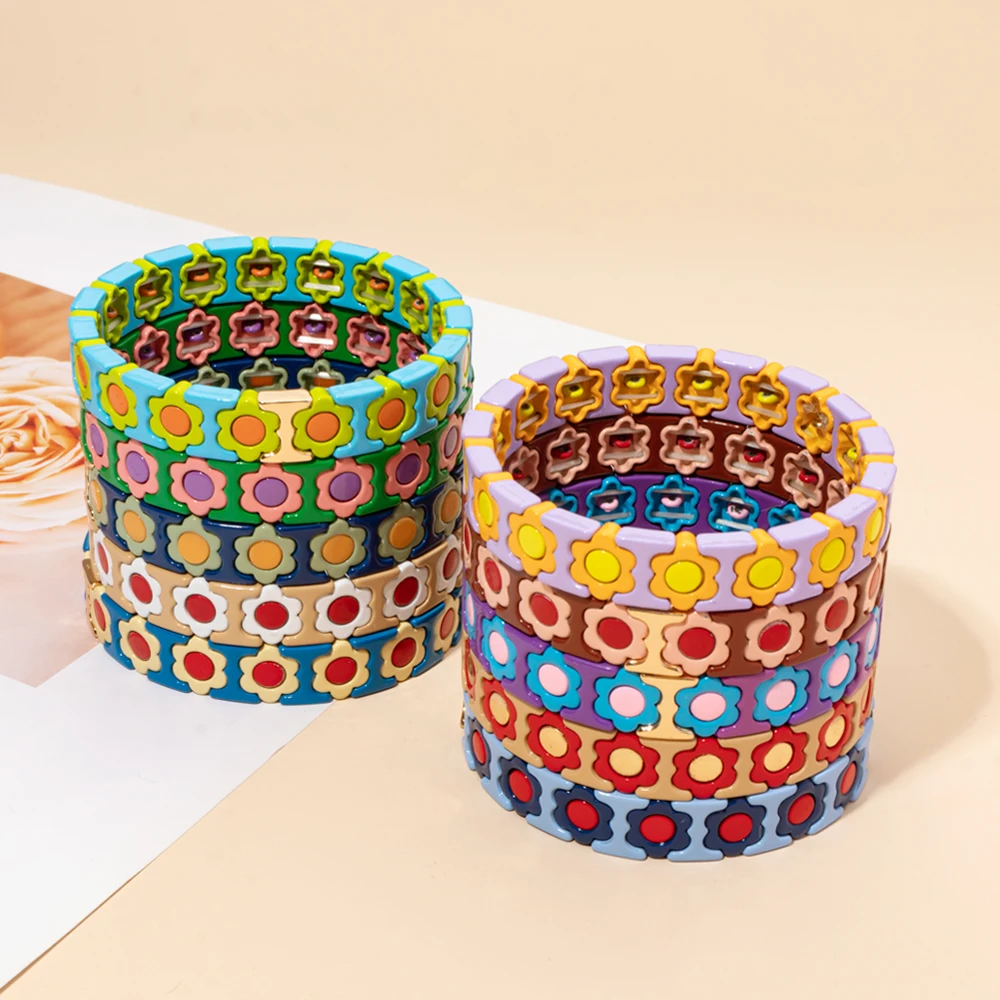 New Design Colorful Flower Charms Bangle For Women Handmade Bohemian Elastic Flower Bracelets Metal Beads Jewelry