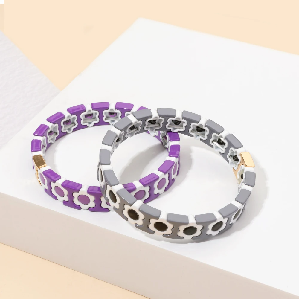 New Design Colorful Flower Charms Bangle For Women Handmade Bohemian Elastic Flower Bracelets Metal Beads Jewelry