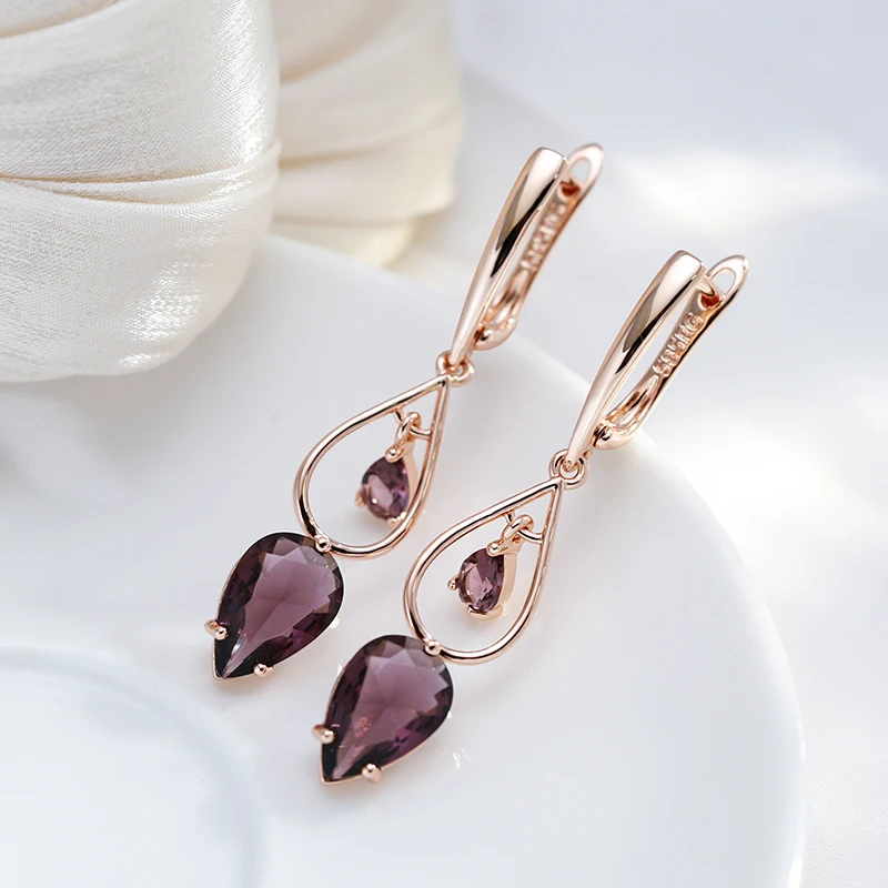 Kinel Hot Purple Natural Zircon Long Drop Earrings for Women Fashion 585 Rose Gold Water Drop Accessories Wedding Daily Jewelry