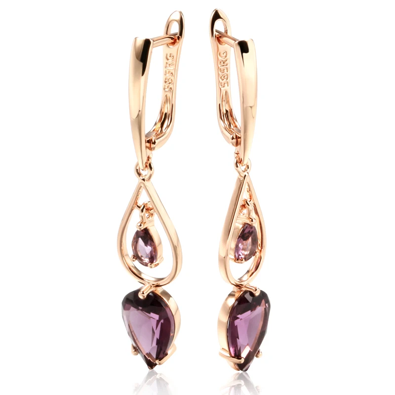 Kinel Hot Purple Natural Zircon Long Drop Earrings for Women Fashion 585 Rose Gold Water Drop Accessories Wedding Daily Jewelry