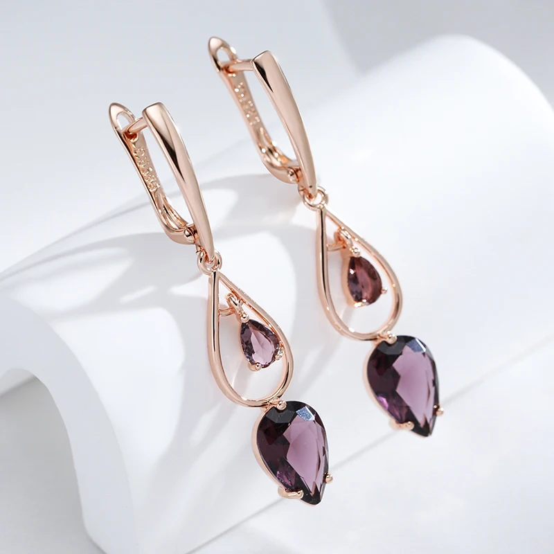 Kinel Hot Purple Natural Zircon Long Drop Earrings for Women Fashion 585 Rose Gold Water Drop Accessories Wedding Daily Jewelry