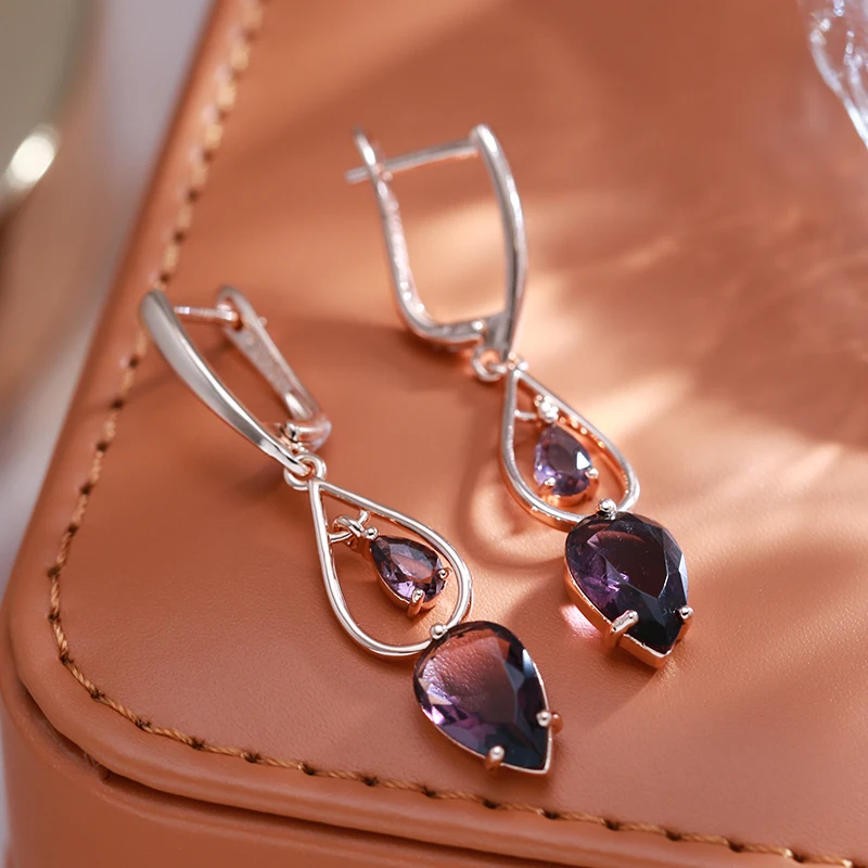 Kinel Hot Purple Natural Zircon Long Drop Earrings for Women Fashion 585 Rose Gold Water Drop Accessories Wedding Daily Jewelry