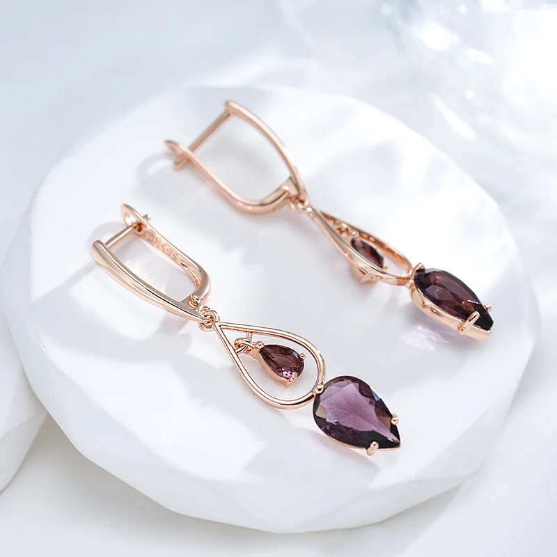 Kinel Hot Purple Natural Zircon Long Drop Earrings for Women Fashion 585 Rose Gold Water Drop Accessories Wedding Daily Jewelry