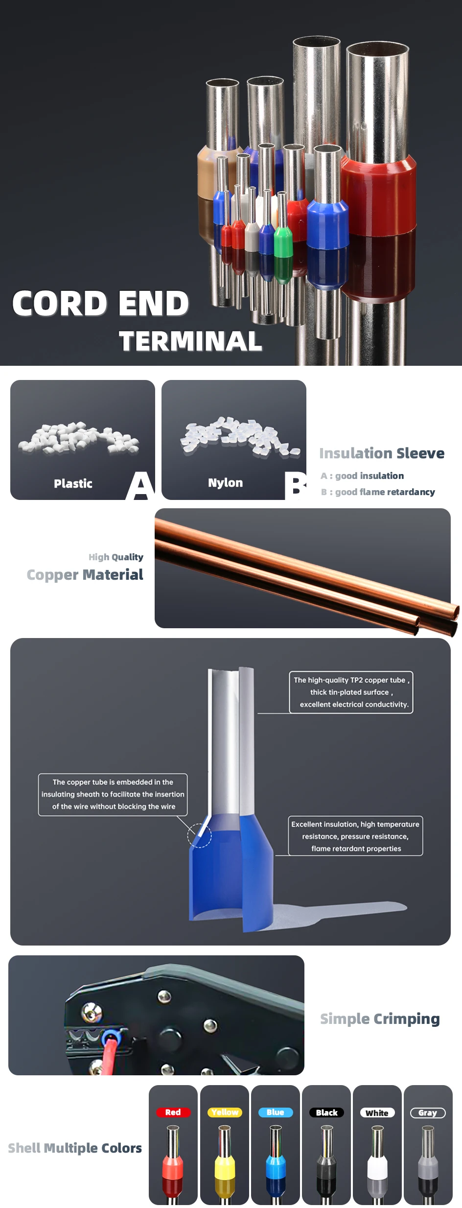 E0308 E0508 E6012 Insulated Cord End Terminal Block Wire Ferrules Cold Pressing Pin Connector Pure Copper Tube Type Terminal Set