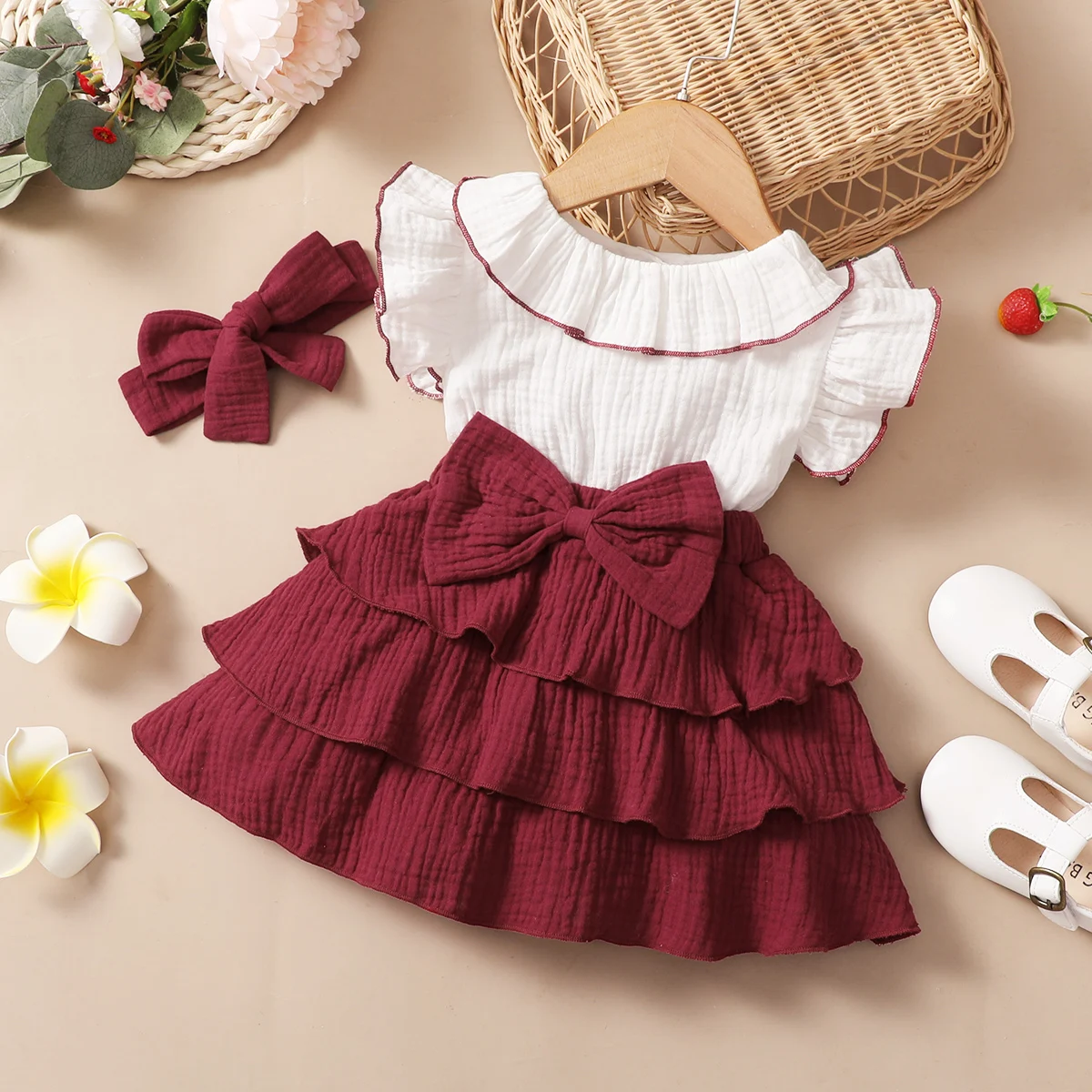 Baby Girl Red Wine with white 3-layer cupcake dress