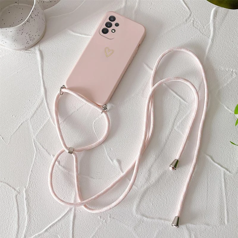 Crossbody Lanyard Silicone Phone Case For Samsung Galaxy A53 A52 A52S A73 A33 A72 A32 4G 5G A51 A71 A12 A31 A22 Love Heart Cover