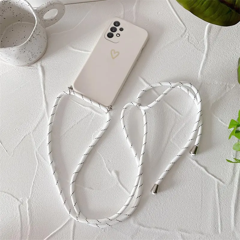 Crossbody Lanyard Silicone Phone Case For Samsung Galaxy A53 A52 A52S A73 A33 A72 A32 4G 5G A51 A71 A12 A31 A22 Love Heart Cover