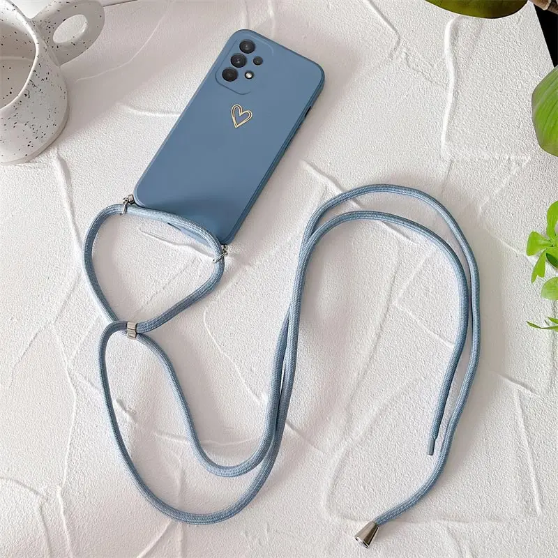 Crossbody Lanyard Silicone Phone Case For Samsung Galaxy A53 A52 A52S A73 A33 A72 A32 4G 5G A51 A71 A12 A31 A22 Love Heart Cover