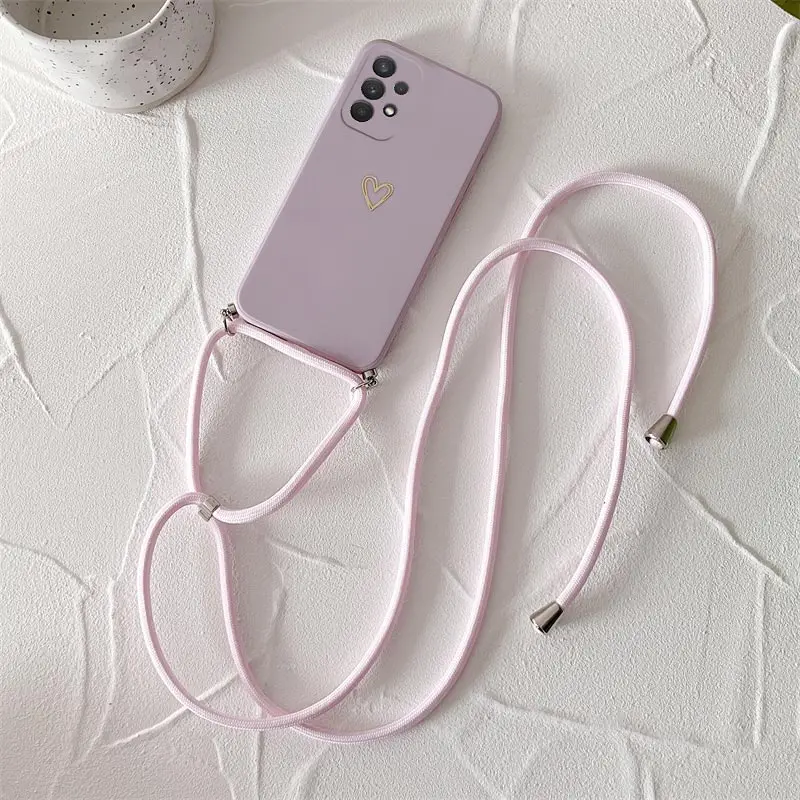 Crossbody Lanyard Silicone Phone Case For Samsung Galaxy A53 A52 A52S A73 A33 A72 A32 4G 5G A51 A71 A12 A31 A22 Love Heart Cover