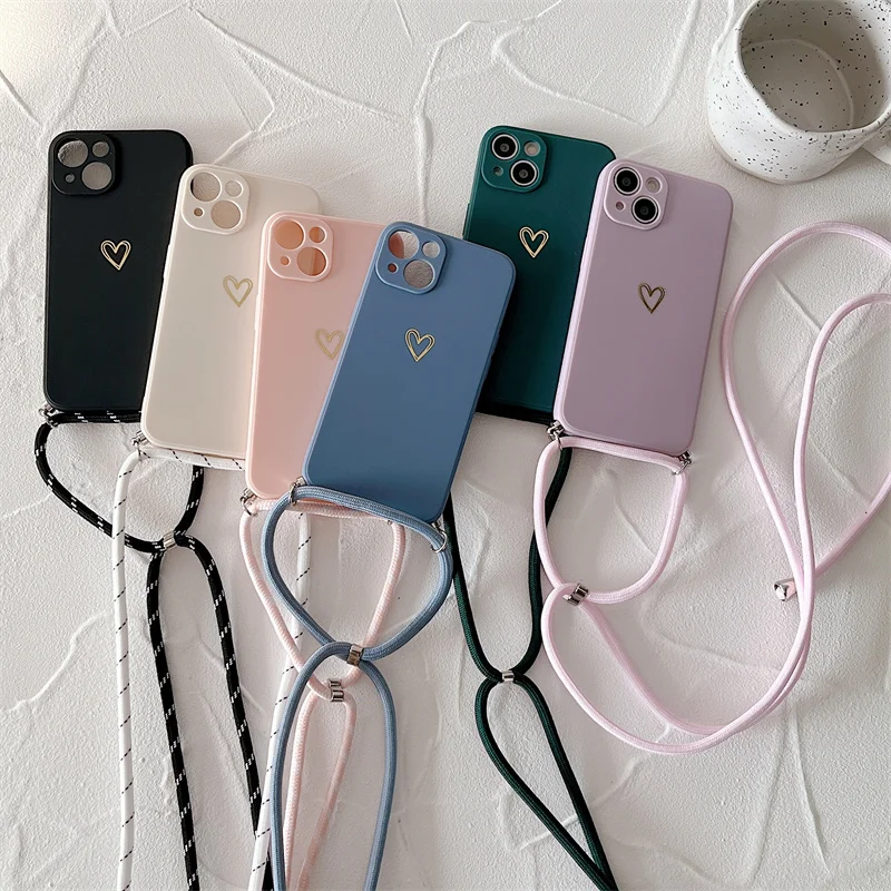 Crossbody Lanyard Silicone Phone Case For Samsung Galaxy A53 A52 A52S A73 A33 A72 A32 4G 5G A51 A71 A12 A31 A22 Love Heart Cover