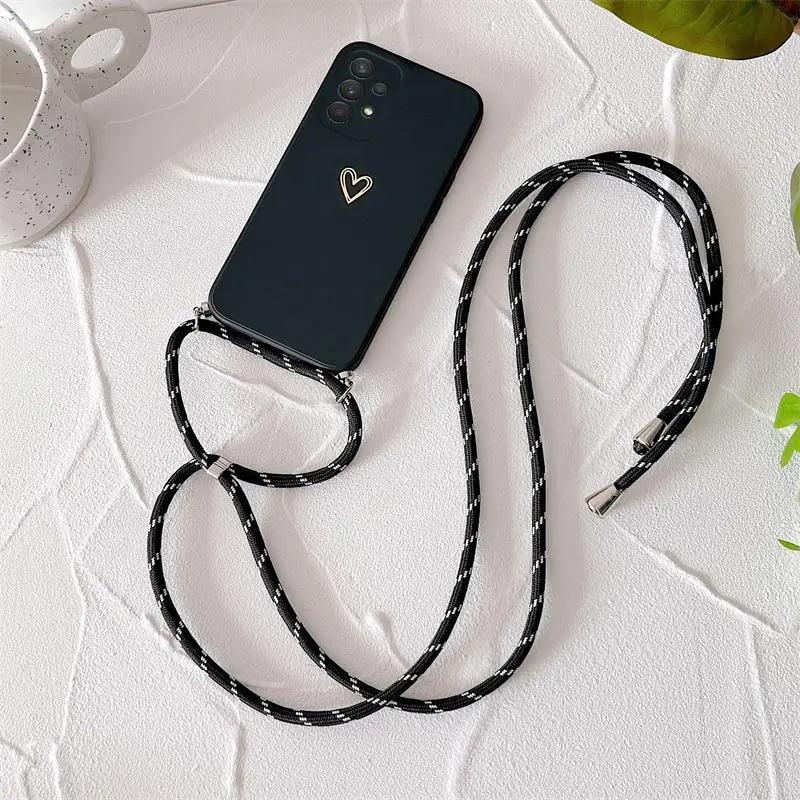 Crossbody Lanyard Silicone Phone Case For Samsung Galaxy A53 A52 A52S A73 A33 A72 A32 4G 5G A51 A71 A12 A31 A22 Love Heart Cover