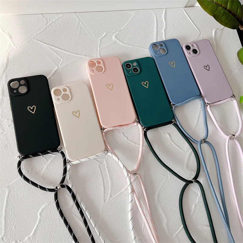 Crossbody Lanyard Silicone Phone Case For Samsung Galaxy A53 A52 A52S A73 A33 A72 A32 4G 5G A51 A71 A12 A31 A22 Love Heart Cover