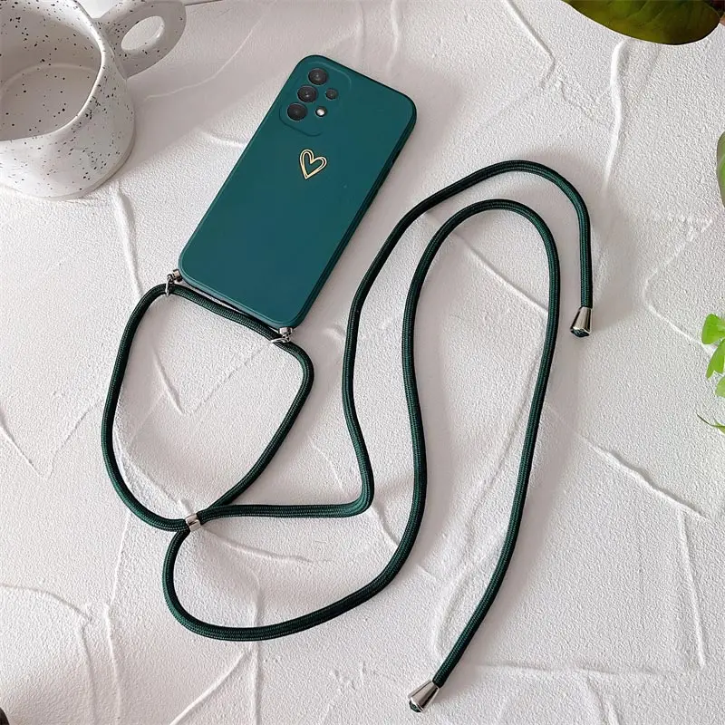 Crossbody Lanyard Silicone Phone Case For Samsung Galaxy A53 A52 A52S A73 A33 A72 A32 4G 5G A51 A71 A12 A31 A22 Love Heart Cover