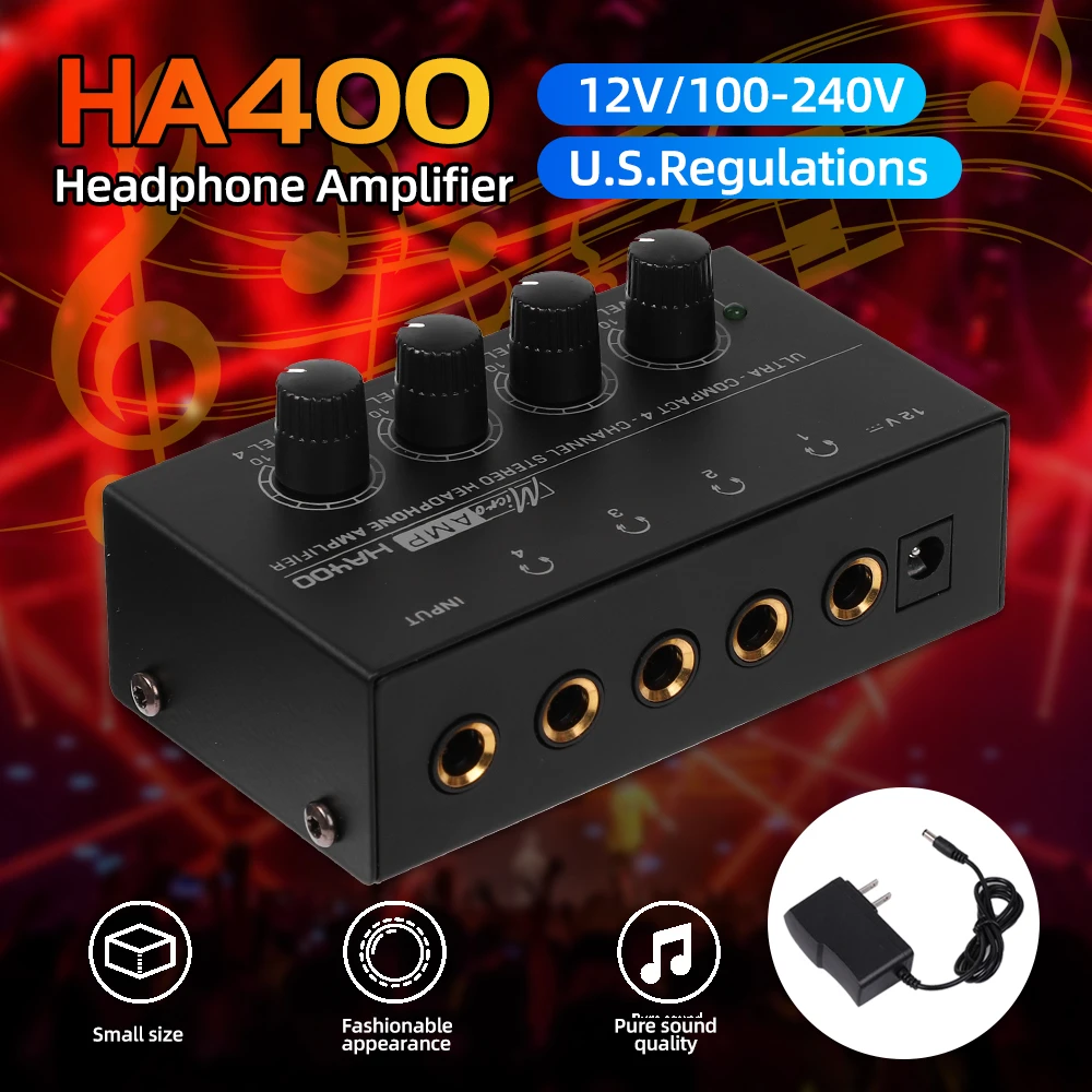 Top Deals 4 Channels Mini O Stereo Headphone Amplifier HA400 Ultra-Compact Audio Amplifier With Power Adapter EU US Plug Adapter