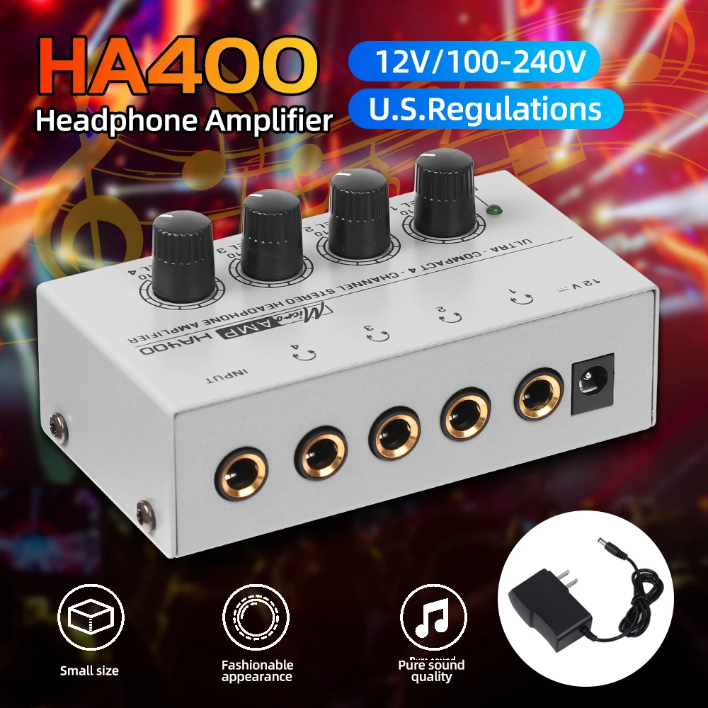 Top Deals 4 Channels Mini O Stereo Headphone Amplifier HA400 Ultra-Compact Audio Amplifier With Power Adapter EU US Plug Adapter