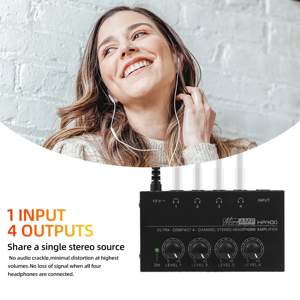 Top Deals 4 Channels Mini O Stereo Headphone Amplifier HA400 Ultra-Compact Audio Amplifier With Power Adapter EU US Plug Adapter