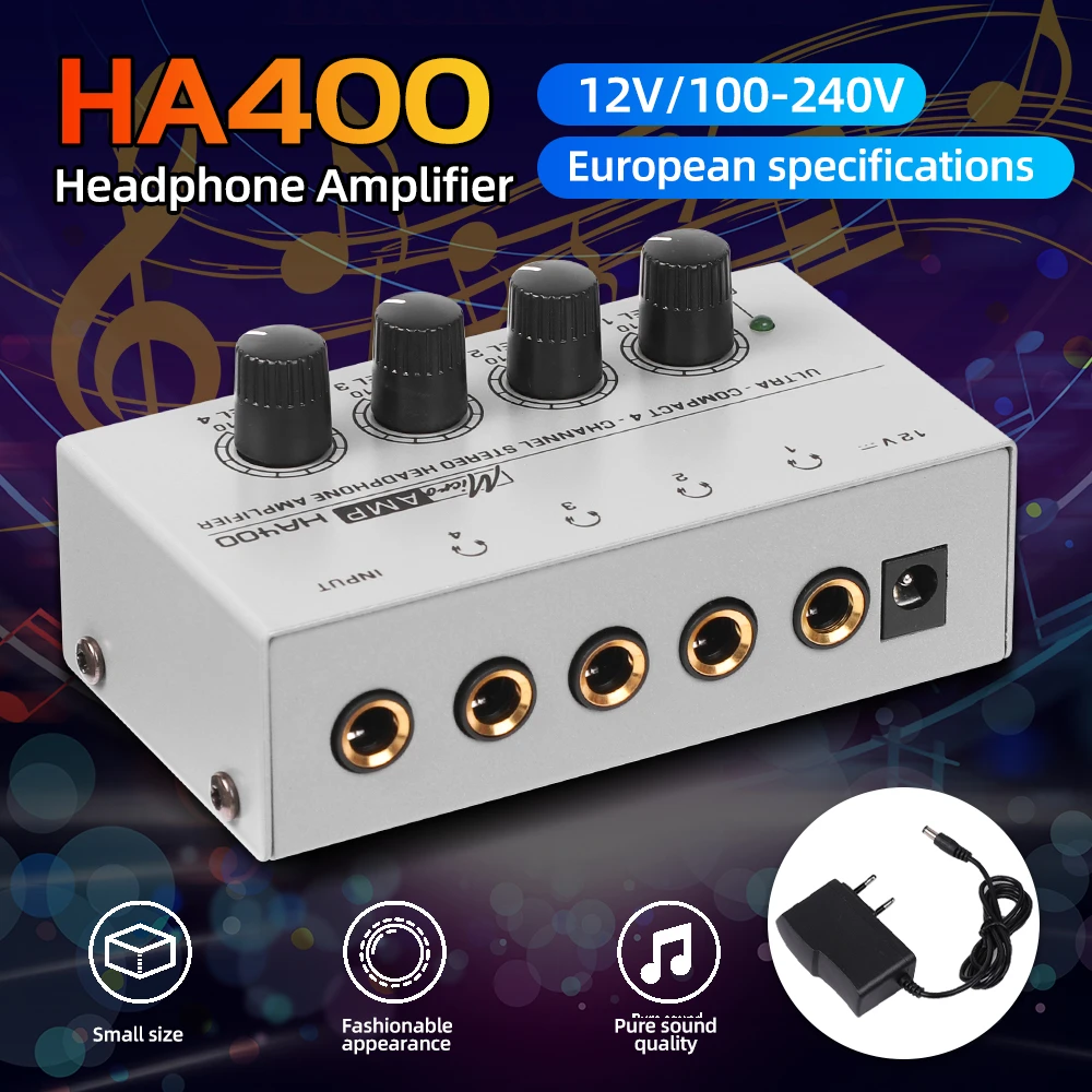 Top Deals 4 Channels Mini O Stereo Headphone Amplifier HA400 Ultra-Compact Audio Amplifier With Power Adapter EU US Plug Adapter