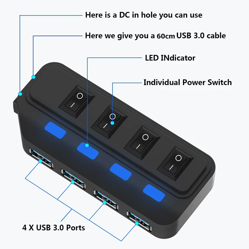 4 Ports USB 3.0 HUB 5Gbps High Speed Expander Multi USB Splitter Adapter with LED Lamp for PC Computer Laptop Accessories