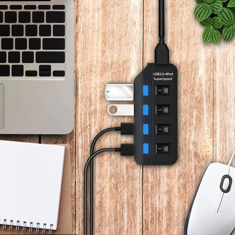 4 Ports USB 3.0 HUB 5Gbps High Speed Expander Multi USB Splitter Adapter with LED Lamp for PC Computer Laptop Accessories