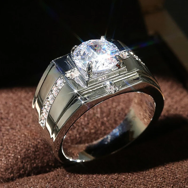 Huitan Luxury Silver Color Round Cubic Zircon Rings for Men Classic Wedding Ceremony Ring Dazzling Male Accessories Jewelry Hot