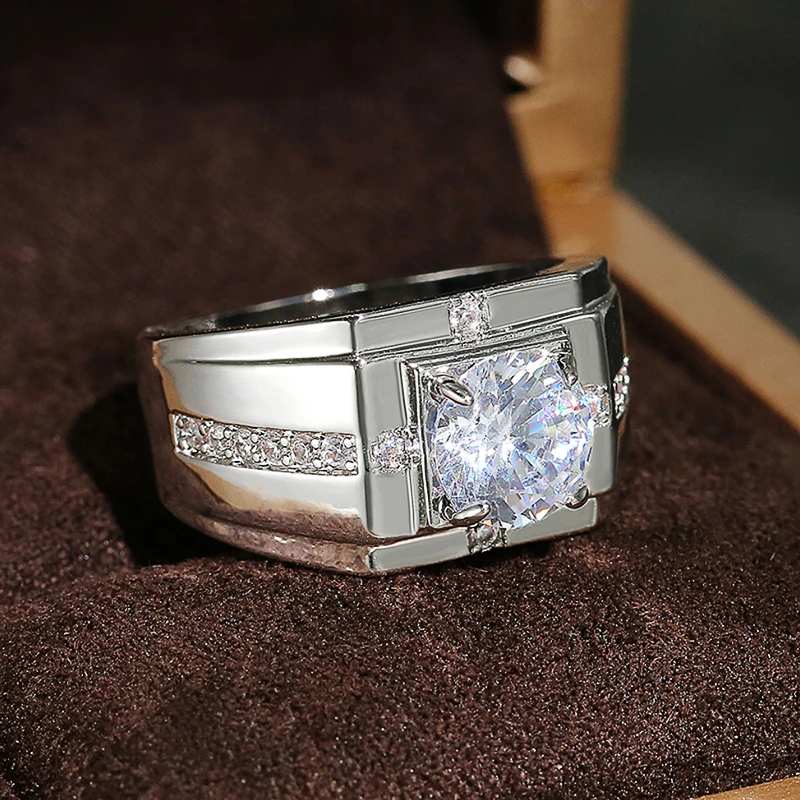 Huitan Luxury Silver Color Round Cubic Zircon Rings for Men Classic Wedding Ceremony Ring Dazzling Male Accessories Jewelry Hot