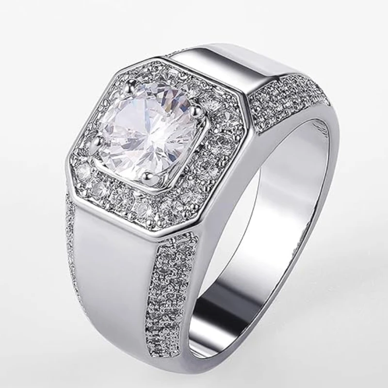 Huitan Luxury Silver Color Round Cubic Zircon Rings for Men Classic Wedding Ceremony Ring Dazzling Male Accessories Jewelry Hot