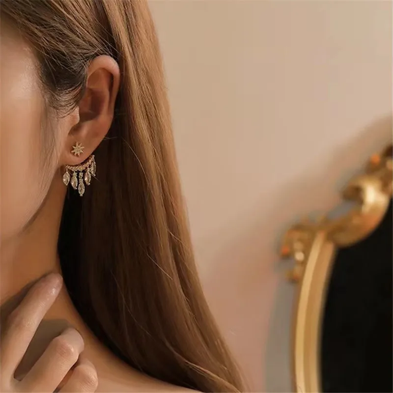 Fashion Elegant Delicate Micro Set Crystal Octagon Star Tassel Water Drop Pendant Stud Earrings Women's High Jewelry Party Gift