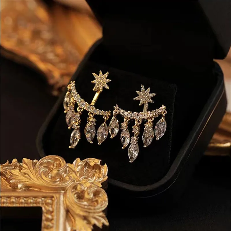 Fashion Elegant Delicate Micro Set Crystal Octagon Star Tassel Water Drop Pendant Stud Earrings Women's High Jewelry Party Gift