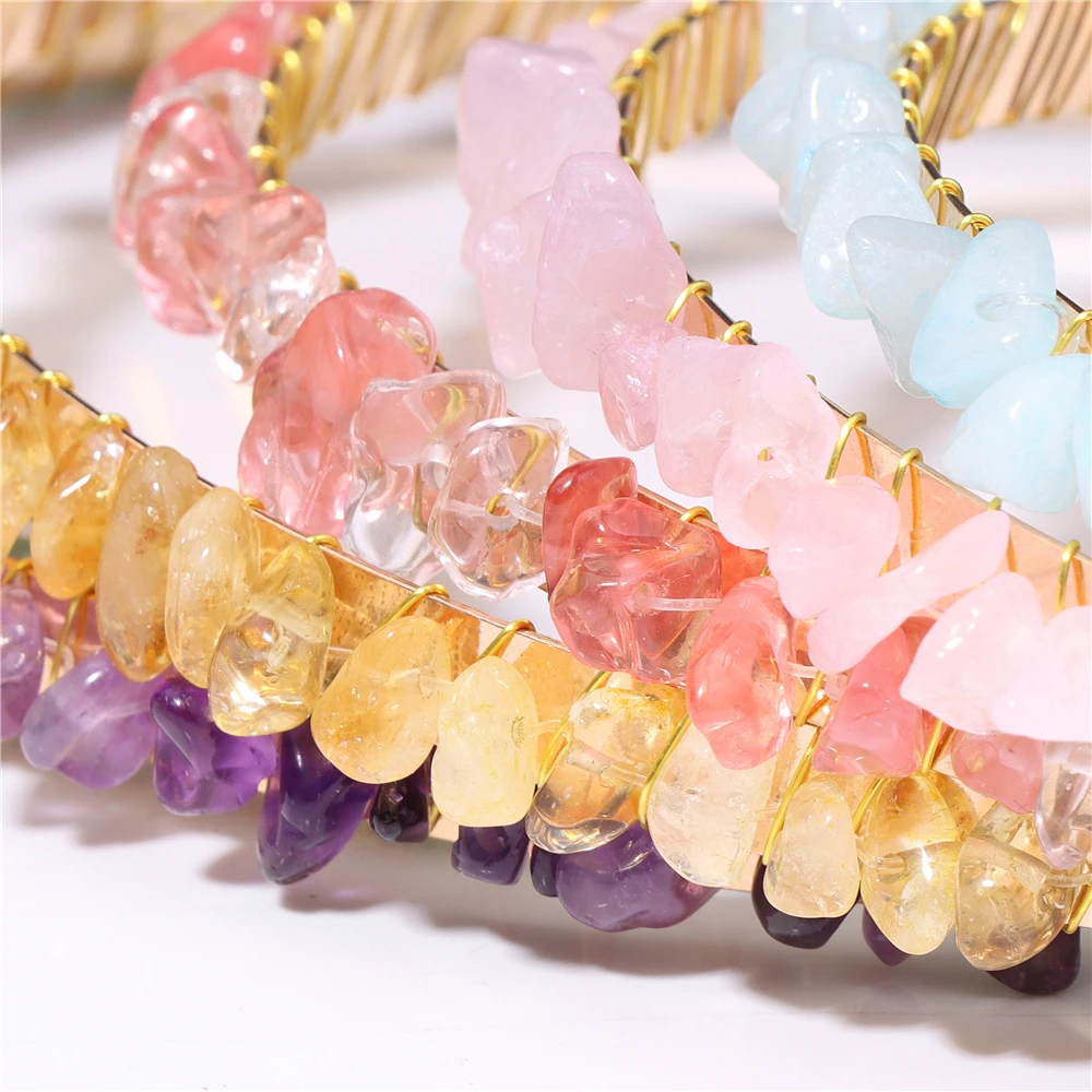 1PC Natural Stone Crown Gravel Headbands Irregular Aquamarines Amethysts Chip Beads Hair Hoops For Women Girl Hair Accessories