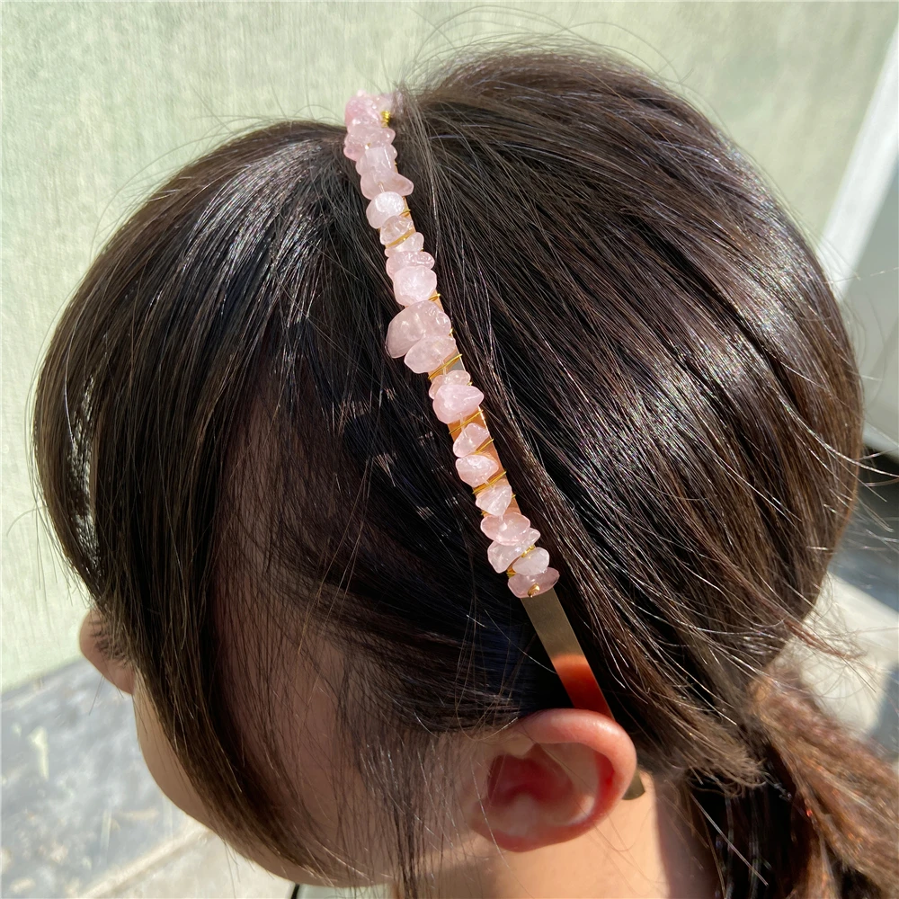 1PC Natural Stone Crown Gravel Headbands Irregular Aquamarines Amethysts Chip Beads Hair Hoops For Women Girl Hair Accessories
