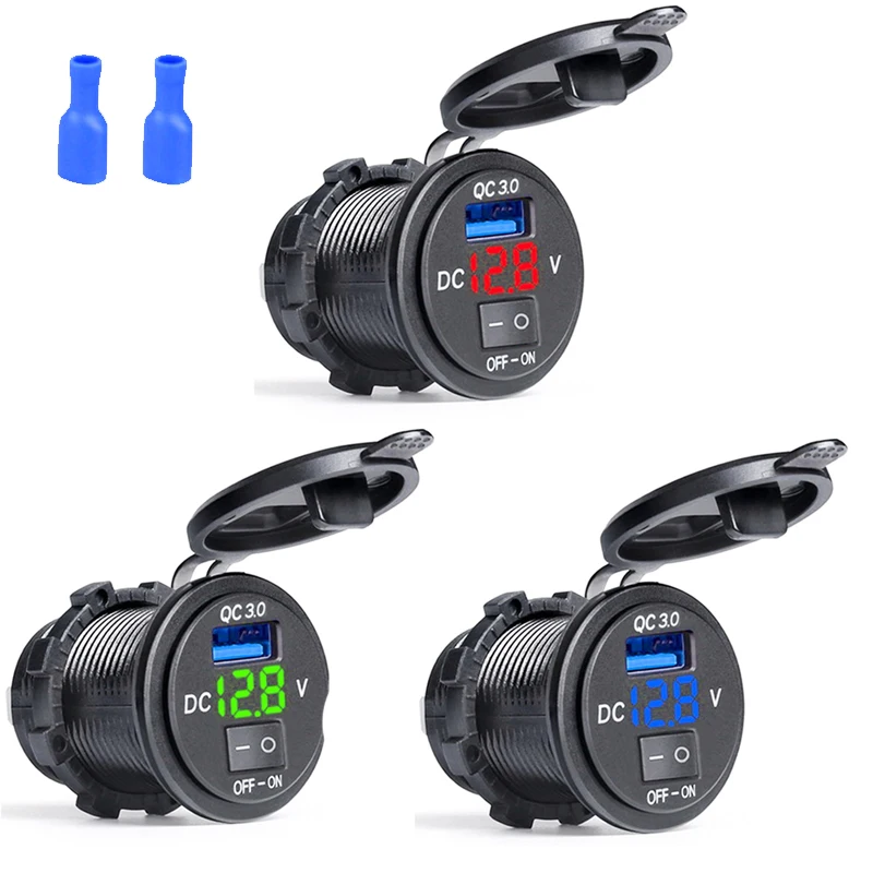Quick Charge 3.0 USB Car Charger Socket Digital Display Voltmeter USB Charger Socket with ON-OFF Switch for Car Motorcycle ATV