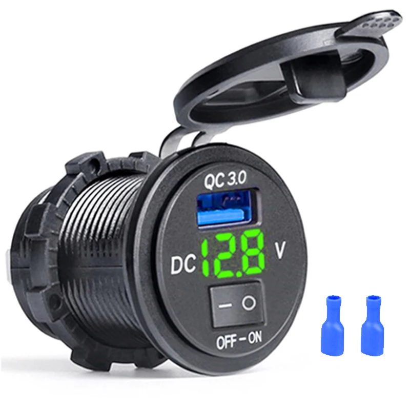 Quick Charge 3.0 USB Car Charger Socket Digital Display Voltmeter USB Charger Socket with ON-OFF Switch for Car Motorcycle ATV