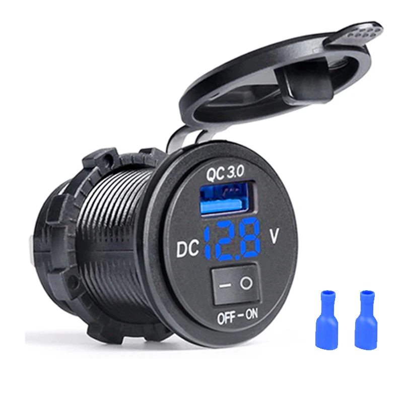 Quick Charge 3.0 USB Car Charger Socket Digital Display Voltmeter USB Charger Socket with ON-OFF Switch for Car Motorcycle ATV