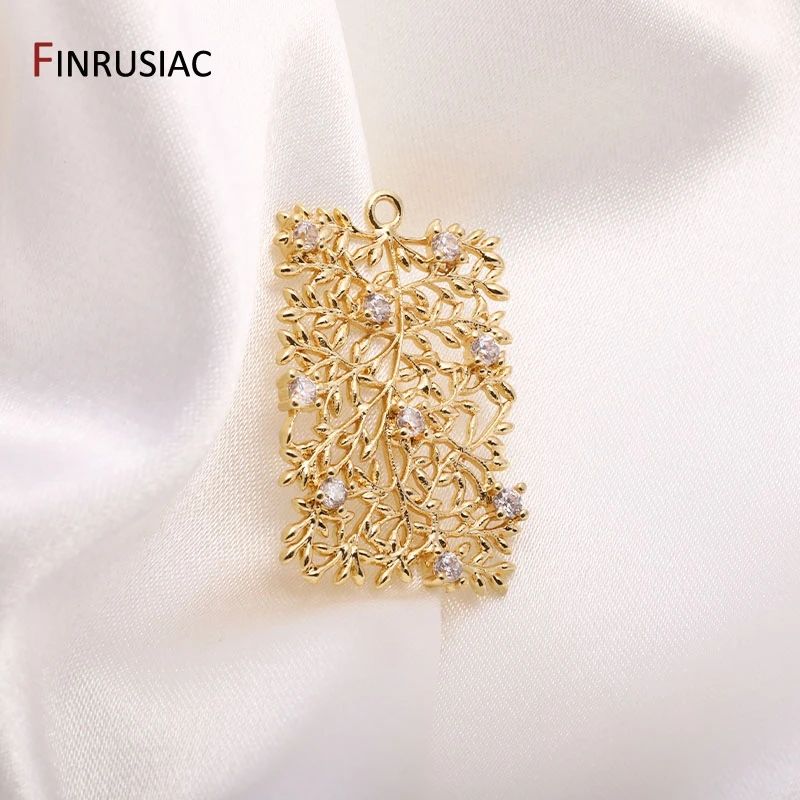 14K Gold Plated Brass Rectangular Tree of Life Charms Sparkling Zircon Earrings Pendants For Jewelry Making Supplies