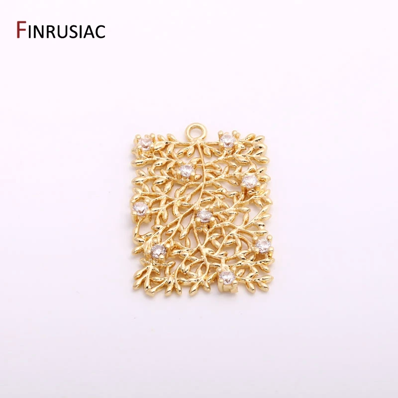 14K Gold Plated Brass Rectangular Tree of Life Charms Sparkling Zircon Earrings Pendants For Jewelry Making Supplies