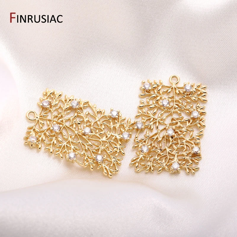 14K Gold Plated Brass Rectangular Tree of Life Charms Sparkling Zircon Earrings Pendants For Jewelry Making Supplies