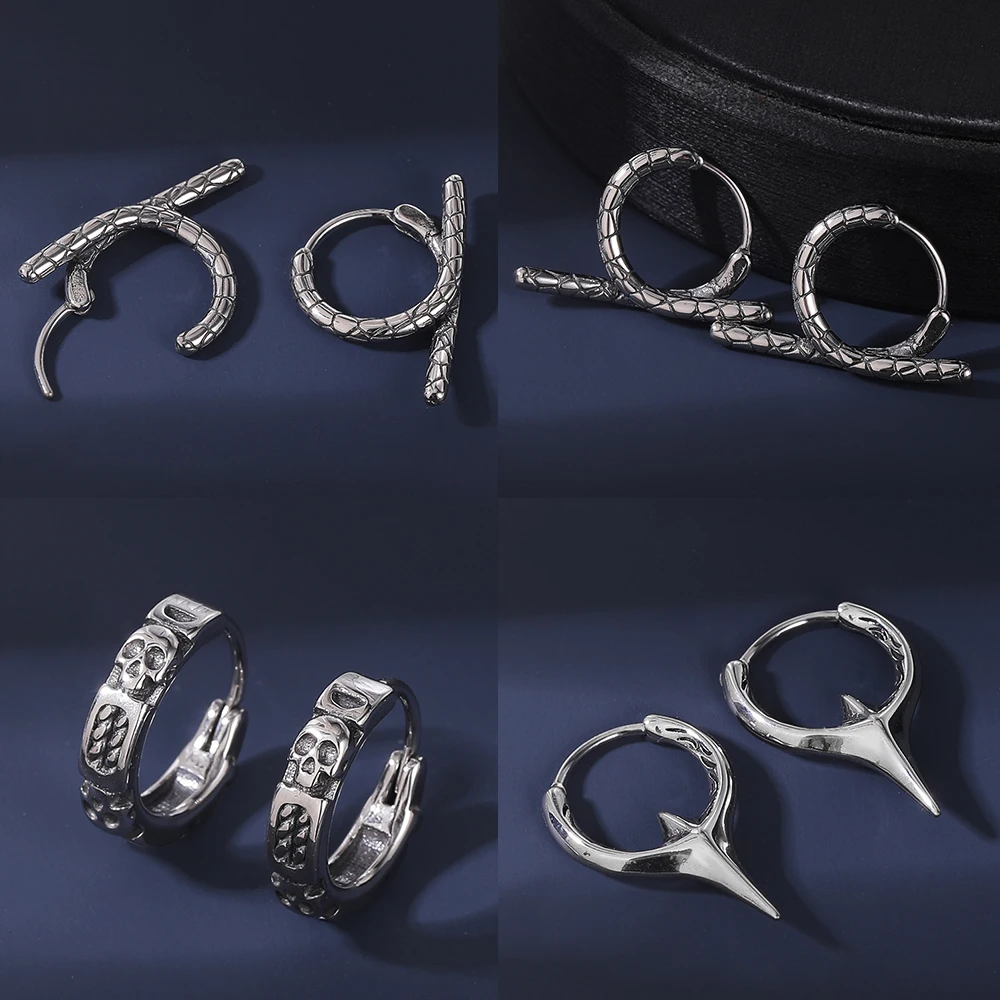 AOEDEJ 18G 1 Pair Punk Skull Hoop Earring Jewelry Vintage Long Snake Stud Earrings Stainless Steel Gothic Snake Ear Pendants Men