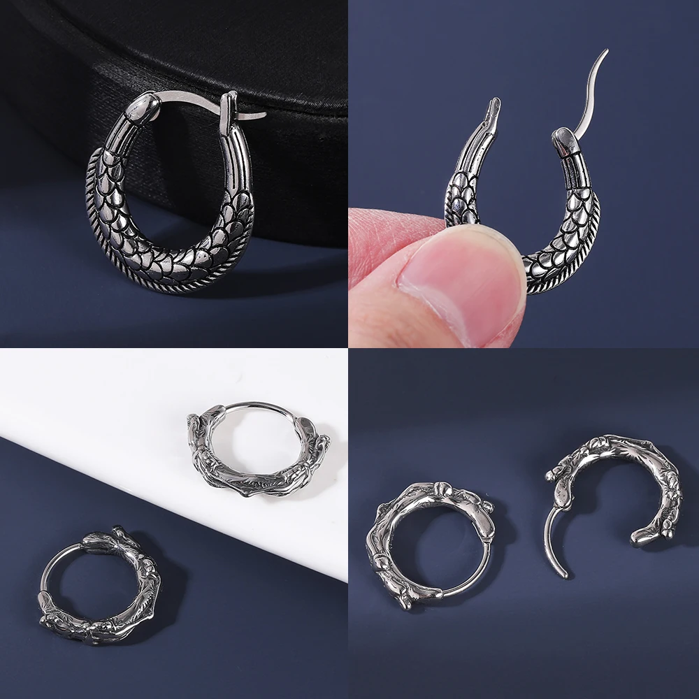 AOEDEJ 18G 1 Pair Punk Skull Hoop Earring Jewelry Vintage Long Snake Stud Earrings Stainless Steel Gothic Snake Ear Pendants Men