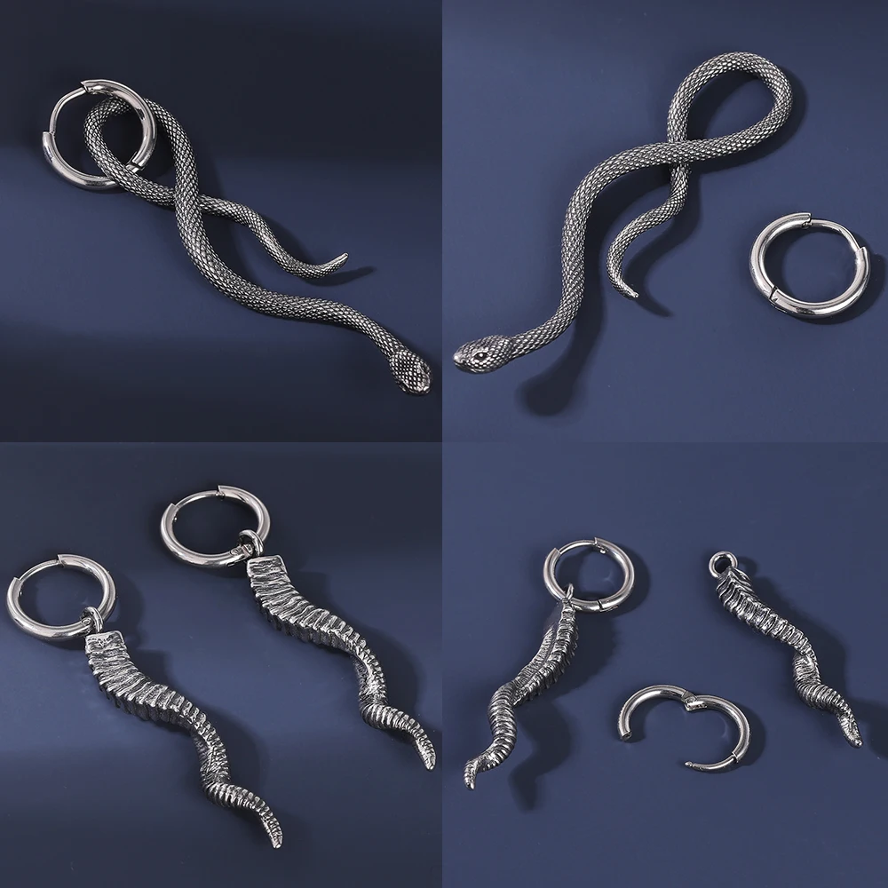 AOEDEJ 18G 1 Pair Punk Skull Hoop Earring Jewelry Vintage Long Snake Stud Earrings Stainless Steel Gothic Snake Ear Pendants Men