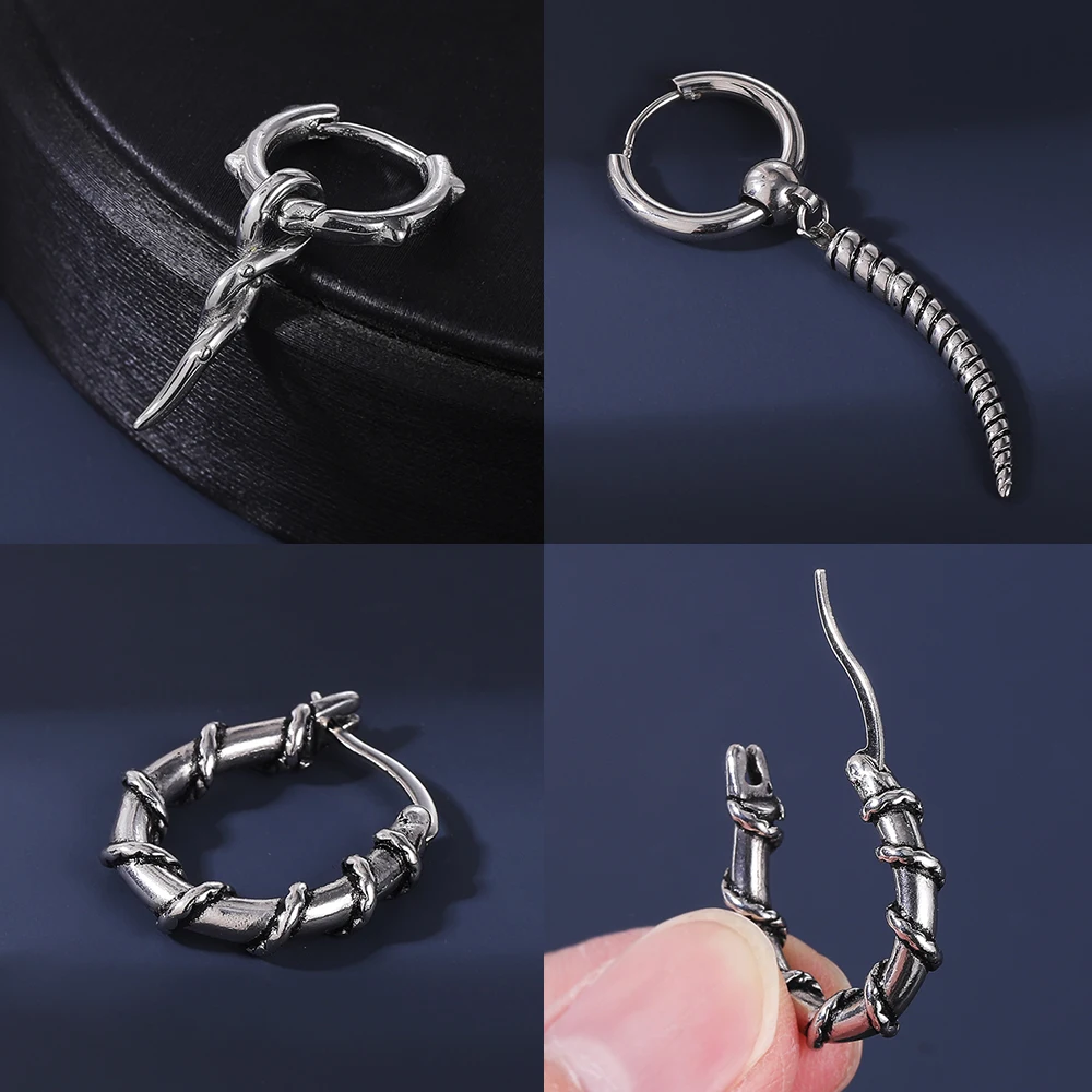 AOEDEJ 18G 1 Pair Punk Skull Hoop Earring Jewelry Vintage Long Snake Stud Earrings Stainless Steel Gothic Snake Ear Pendants Men