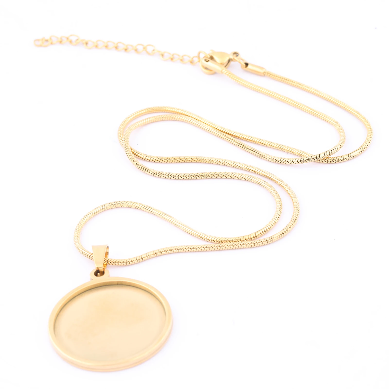 2pcs 45cm Long Chain Necklace Bezel Blanks Stainless Steel Gold Plated 20mm 25mm Cabochon Pendant Base Setting Trays Diy