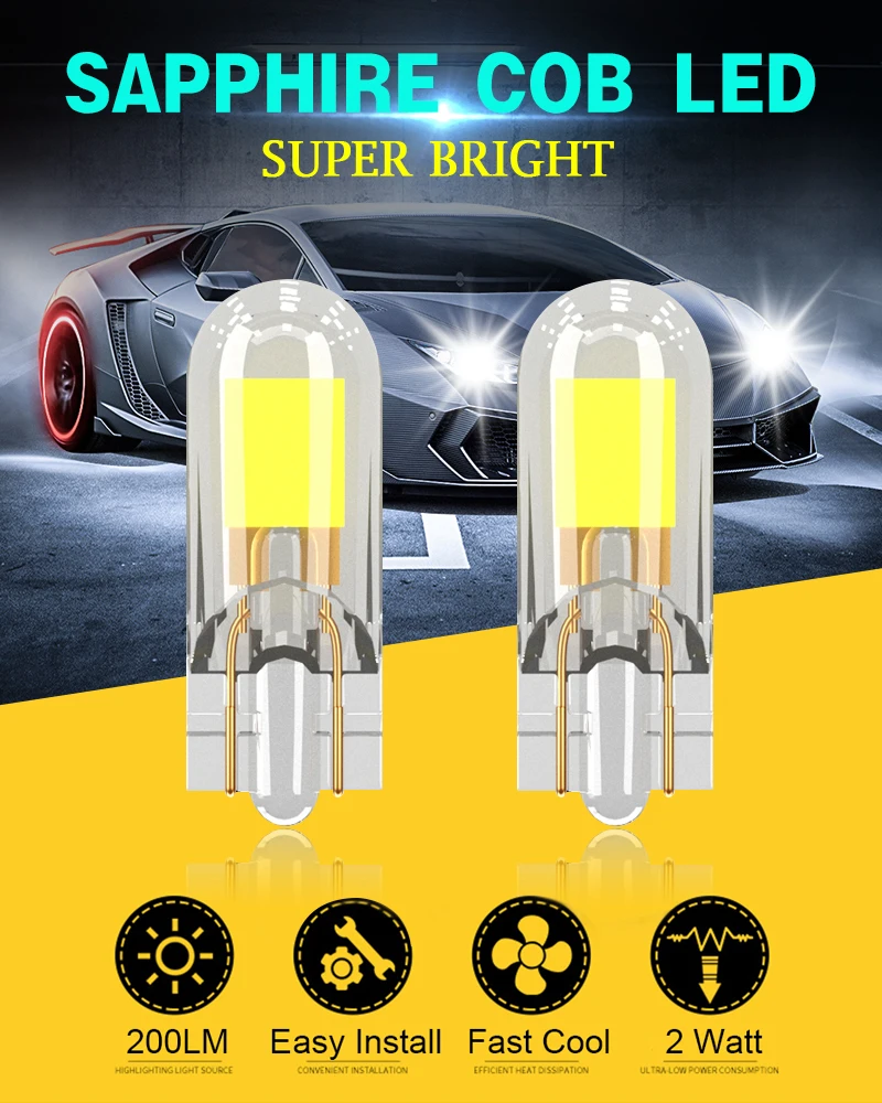 2Pcs Newest T10 LED BULB W5W Sapphire COB Drive-Free led wedge bulb Dome Reading Lamp Bulb Super Bright 12V Car Bulb 6000K