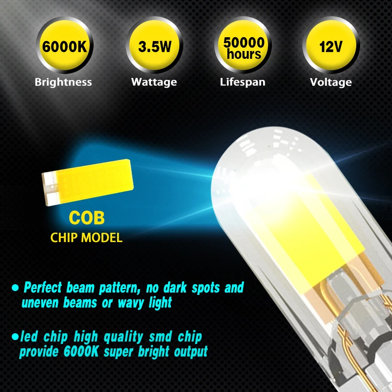 2Pcs Newest T10 LED BULB W5W Sapphire COB Drive-Free led wedge bulb Dome Reading Lamp Bulb Super Bright 12V Car Bulb 6000K
